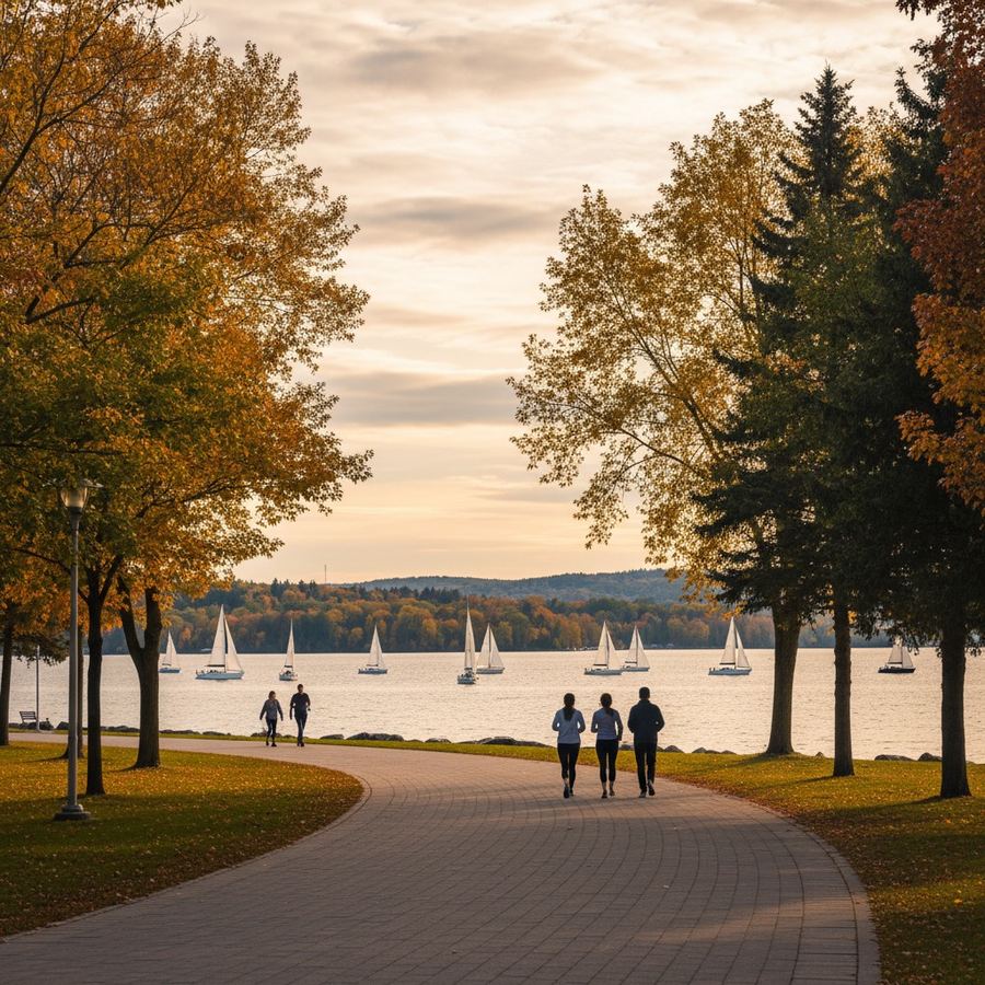 Barrie waterfront trail along Kempenfelt Bay with sailboats in the background