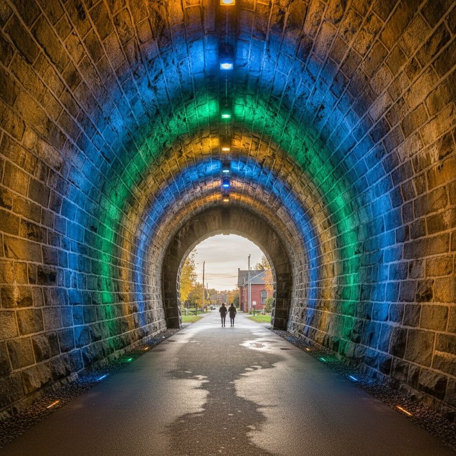 The illuminated Brockville Railway Tunnel with coloured lights along the walls
