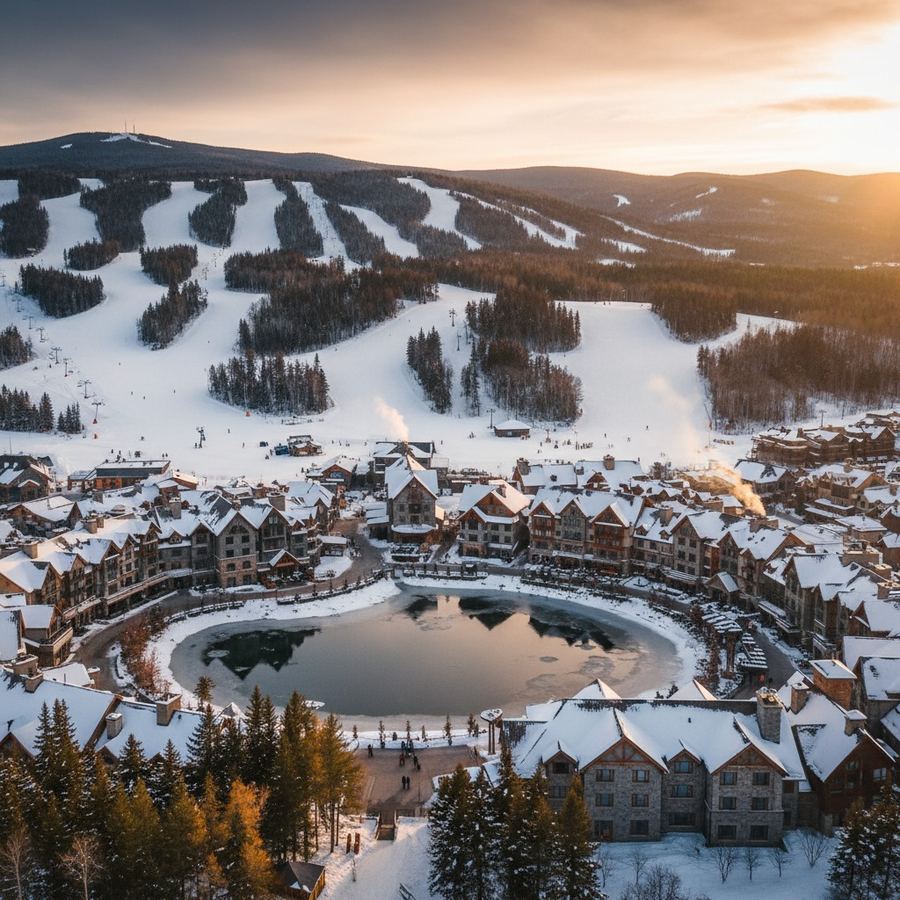 Blue Mountain ski runs with the village at the base in winter