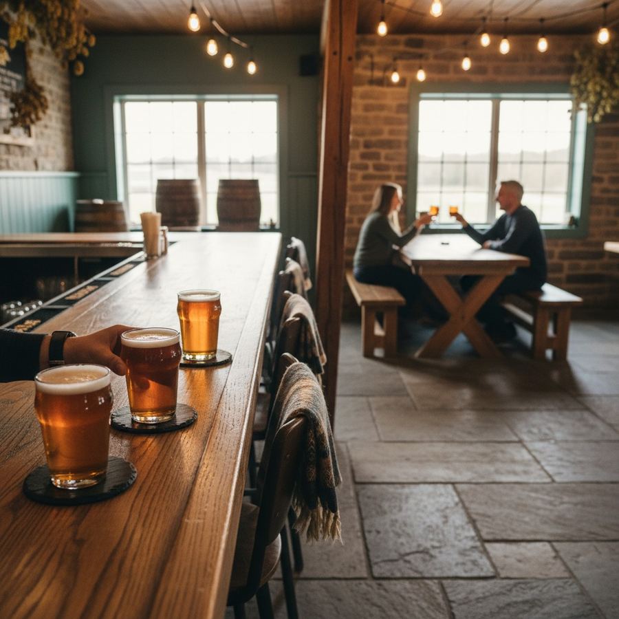 Craft brewery taproom in the Collingwood area with pints on a wooden bar
