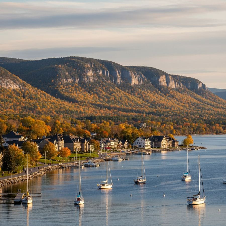 Collingwood harbour with sailboats and the Blue Mountain escarpment in the background