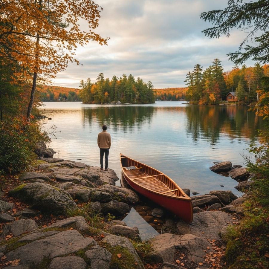 Calm lake with a dock and trees in Ontario cottage country