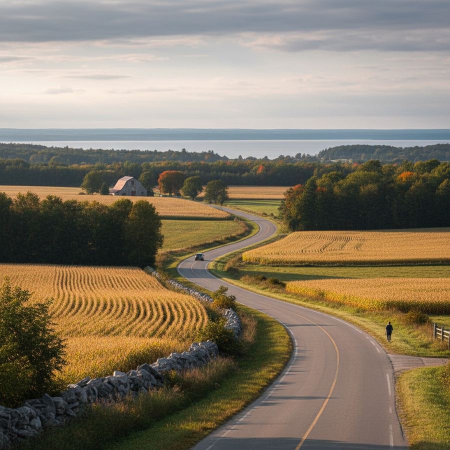 Country road through rolling farmland in southern Ontario