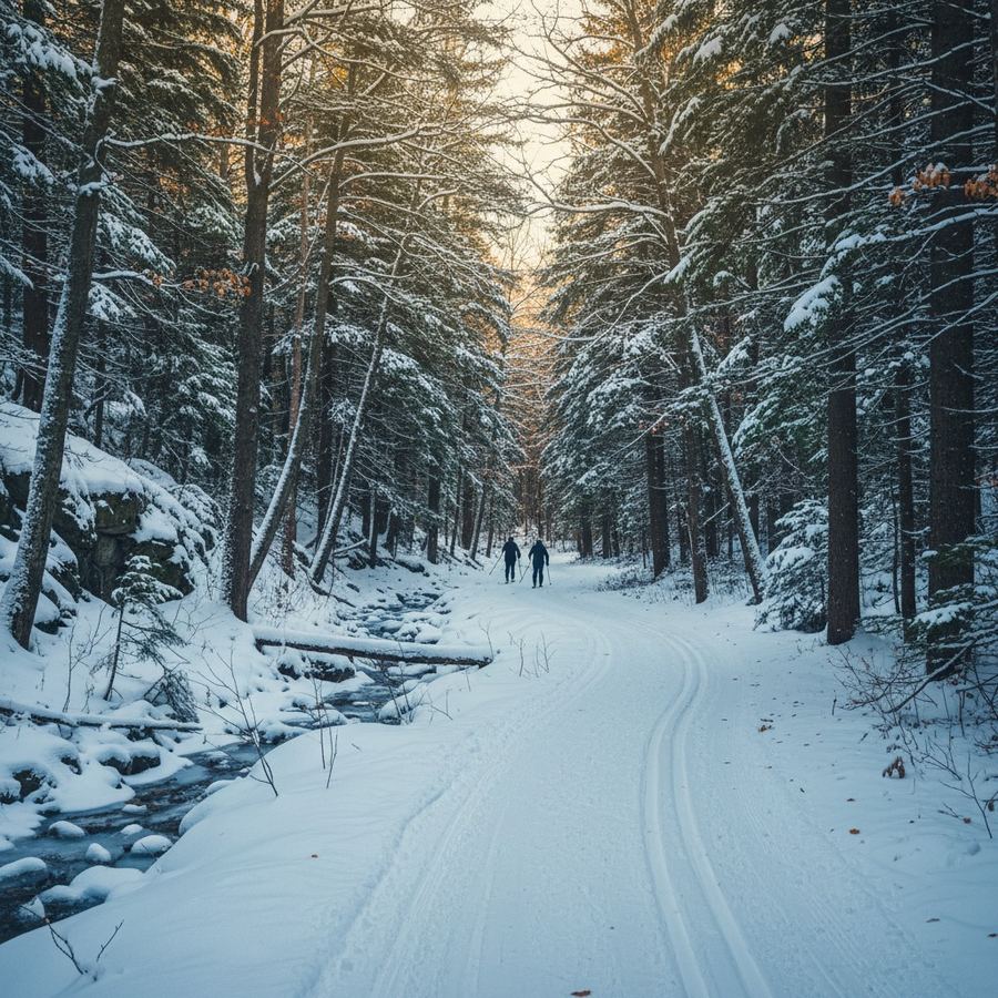 Cross-country ski trail through a snowy forest in Southern Ontario