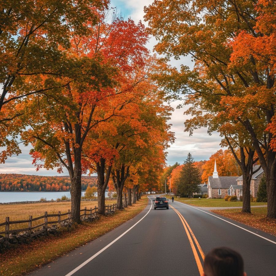 Two-lane highway lined with red and orange maples in peak autumn colour