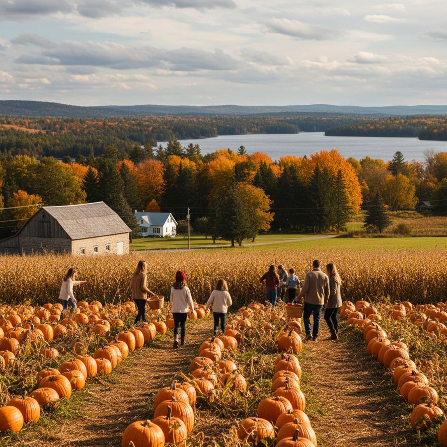 Pumpkin patch at an Ontario farm with families in autumn