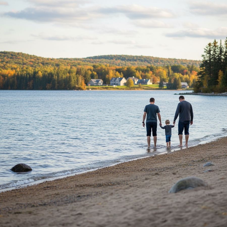 Family on a sandy beach at a provincial park with shallow water