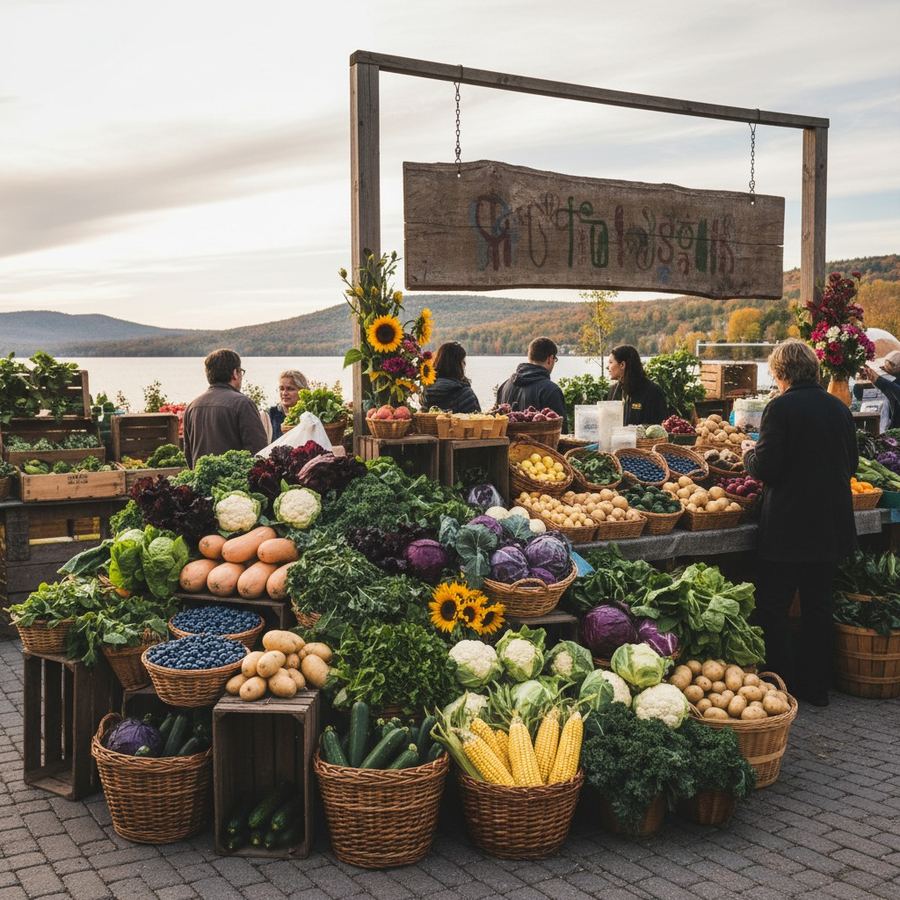 Fresh seasonal produce displayed at an outdoor farmers market in Ontario