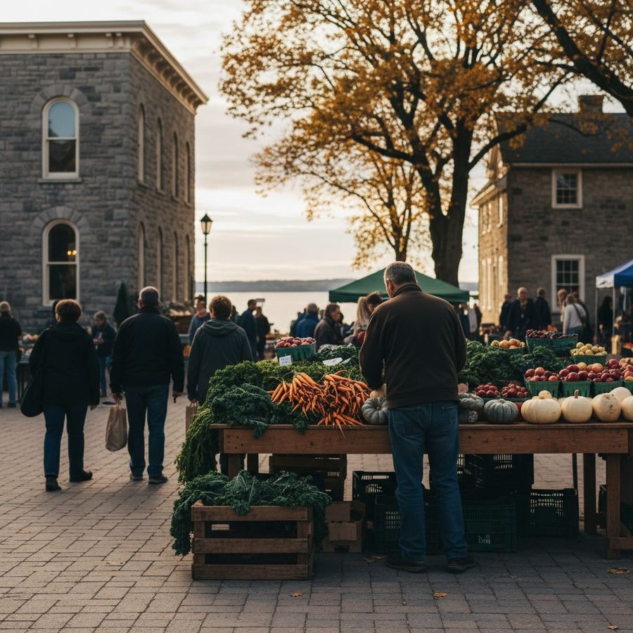 Farmers market vendor with produce on a town square in southern Ontario