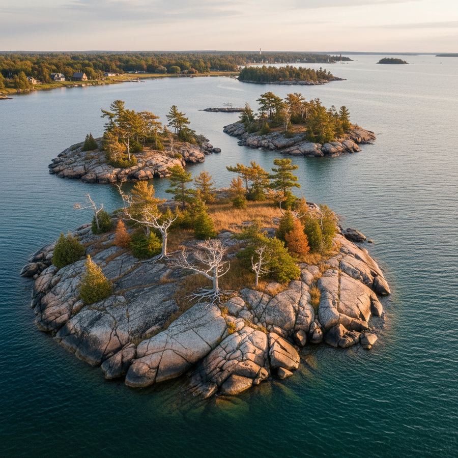 Aerial view of rocky islands in Georgian Bay with windswept white pines