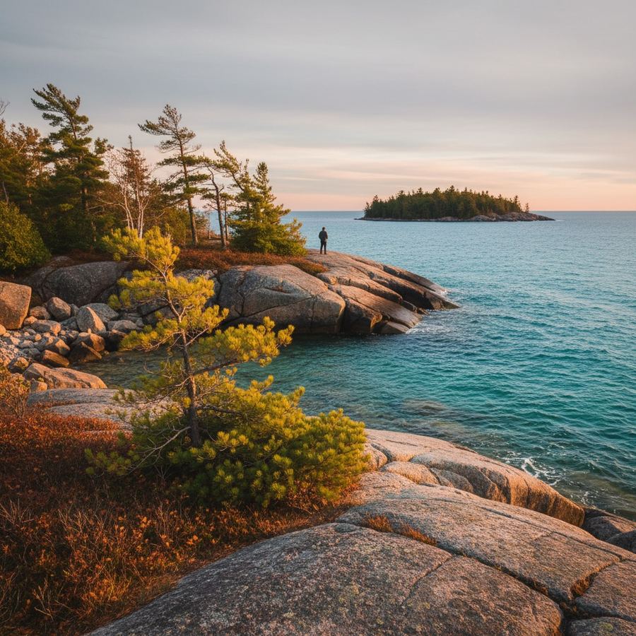 Rocky Georgian Bay shoreline with clear blue-green water and windswept pines