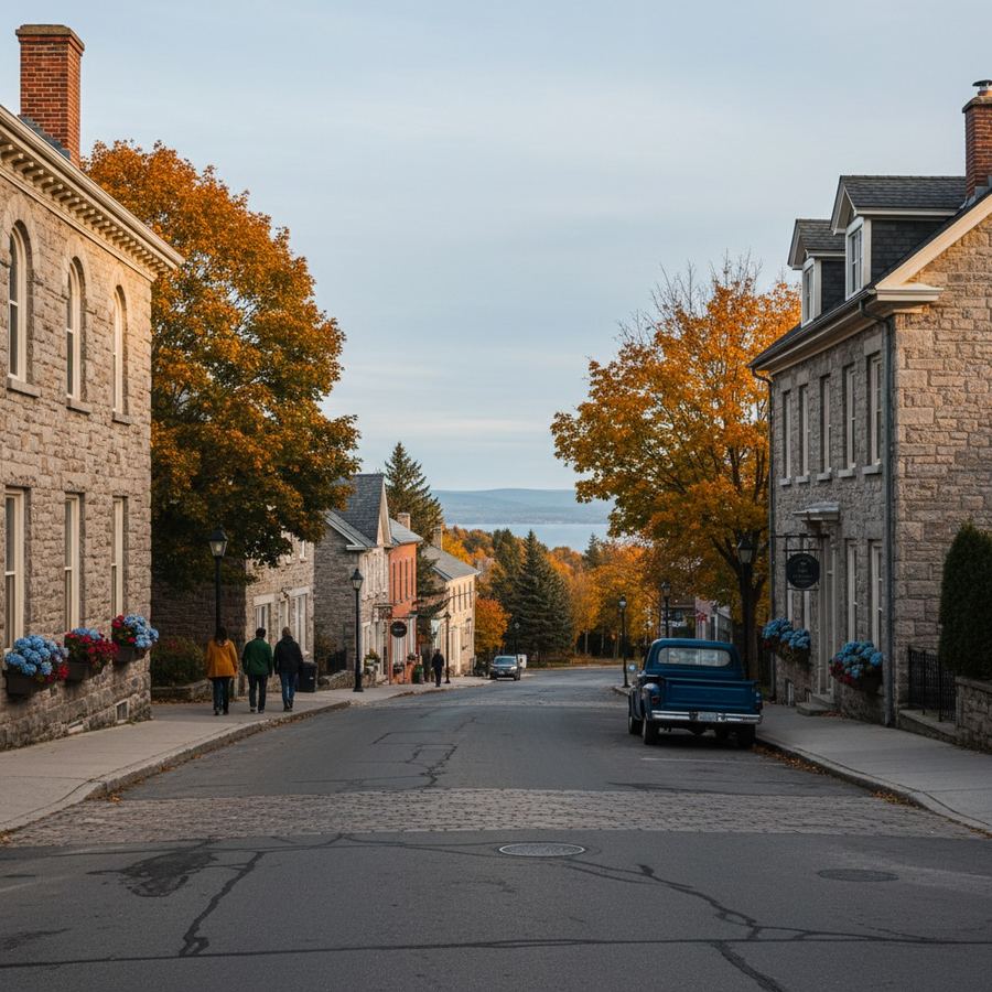 Heritage stone and brick buildings along a small Ontario town main street