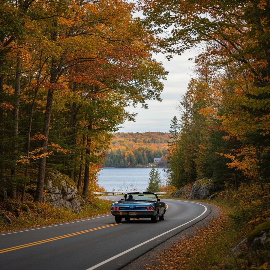 Car driving along a tree-lined Ontario highway in autumn