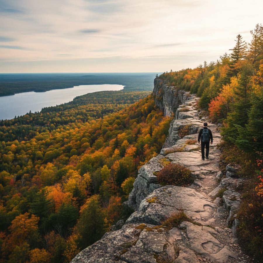Hiker on a rocky trail along the Niagara Escarpment with forest views