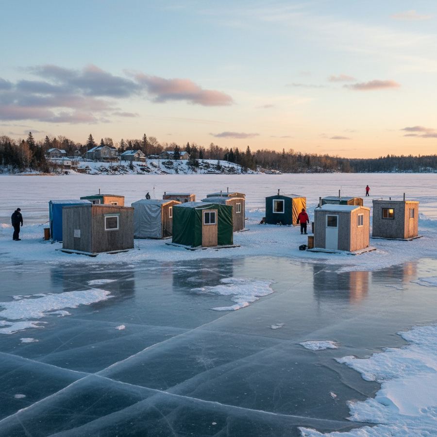 Ice fishing huts on a frozen Lake Simcoe in winter