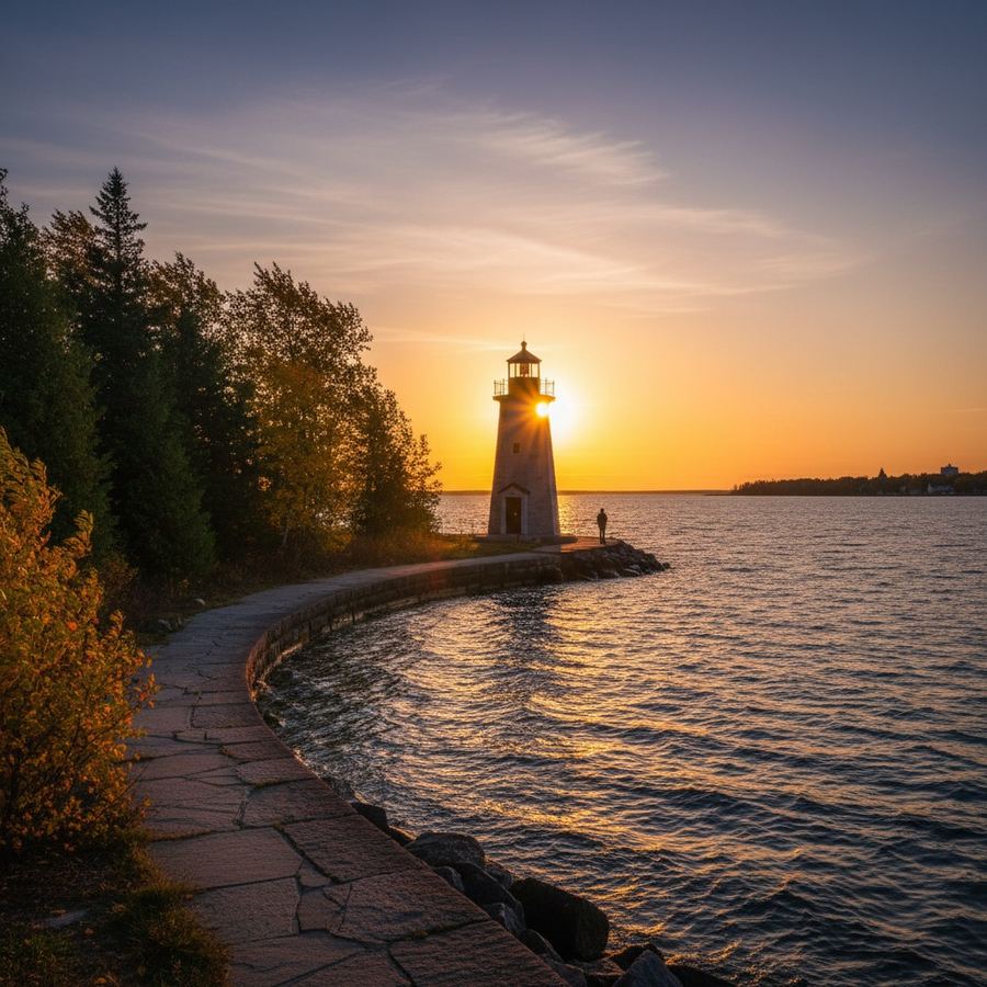 Kincardine lighthouse silhouetted against a Lake Huron sunset