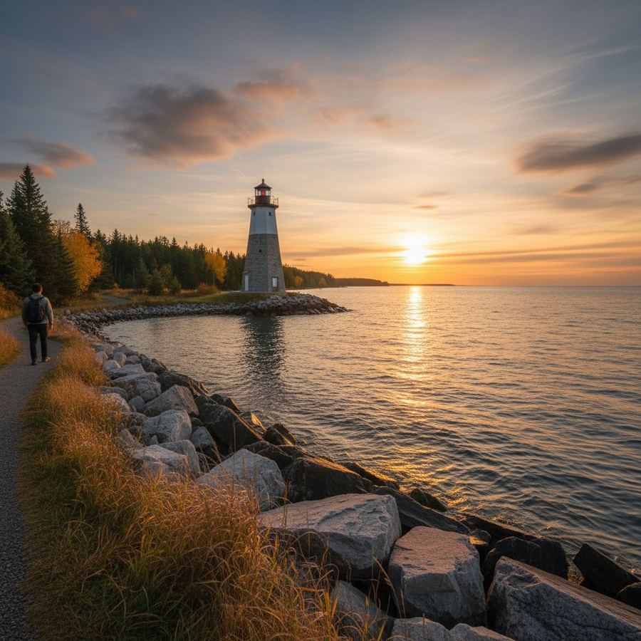 Sunset over Lake Huron from the Kincardine shoreline with the lighthouse in view