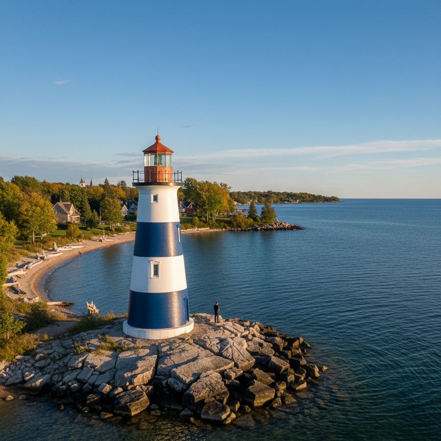 Lighthouse on a Lake Huron shoreline with blue sky