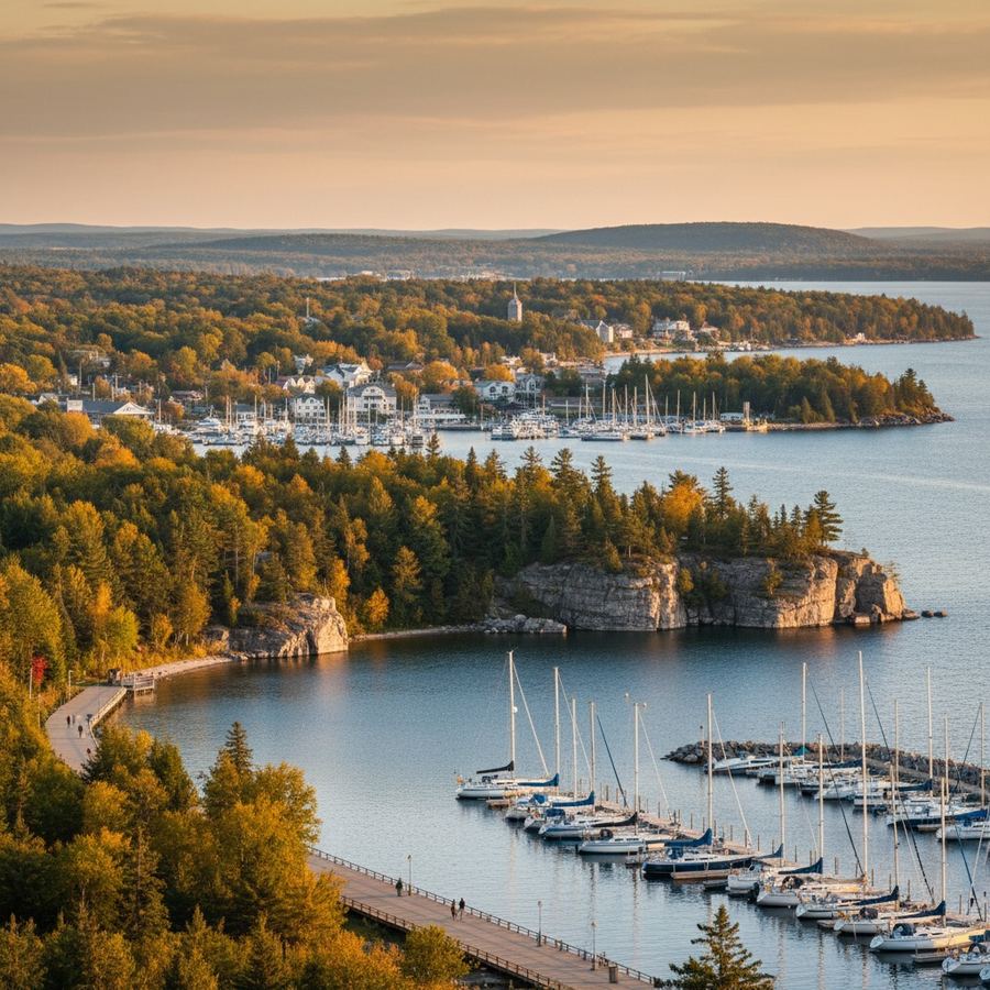 Midland harbour with boats and the Georgian Bay shoreline