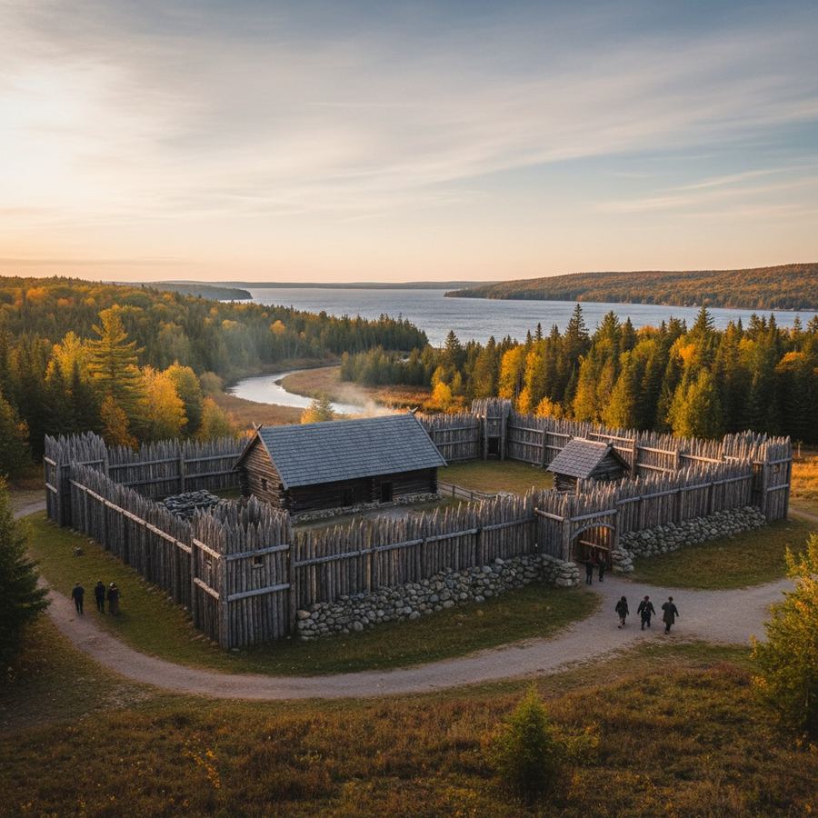 Reconstructed longhouse and palisade walls at Sainte-Marie among the Hurons in Midland