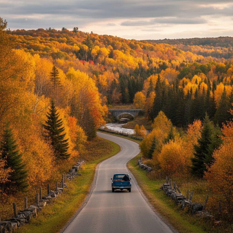 A country road through autumn colours in rural Southern Ontario