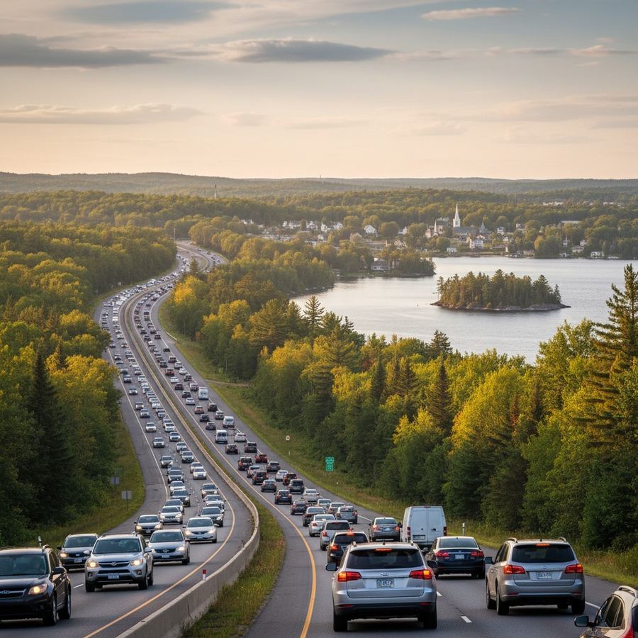 Heavy traffic on a Southern Ontario highway heading north on a summer Friday