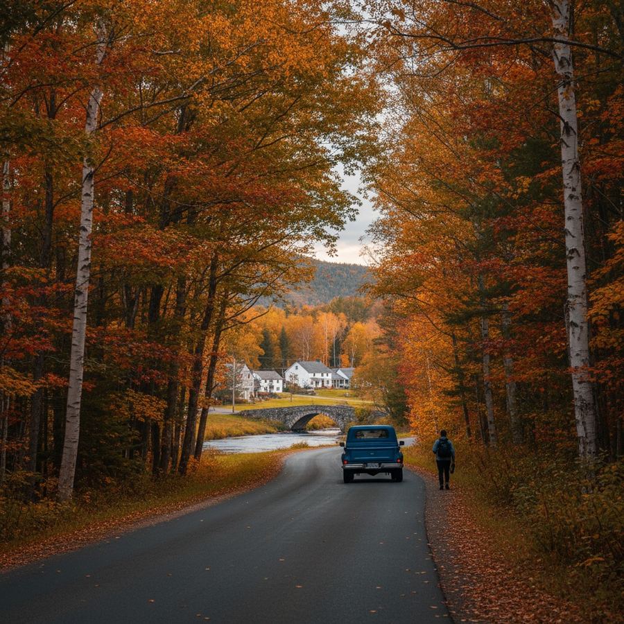 Two-lane road through autumn trees in rural Ontario