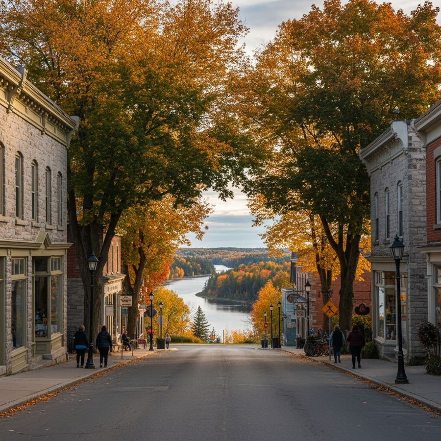Small Ontario town main street in autumn with colourful trees and heritage storefronts