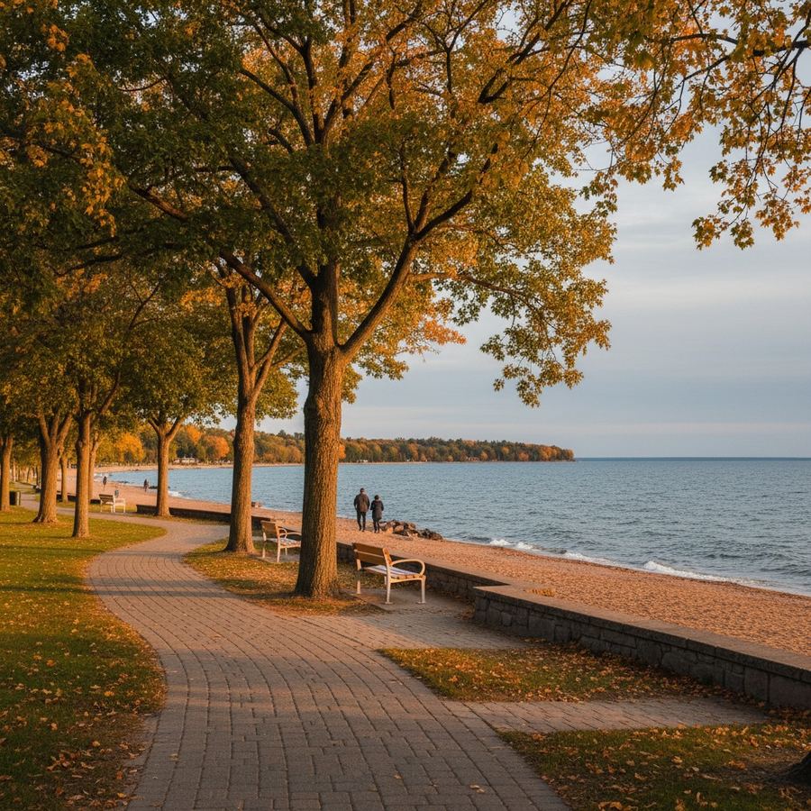 Couchiching Beach Park waterfront in Orillia with Lake Couchiching in the background