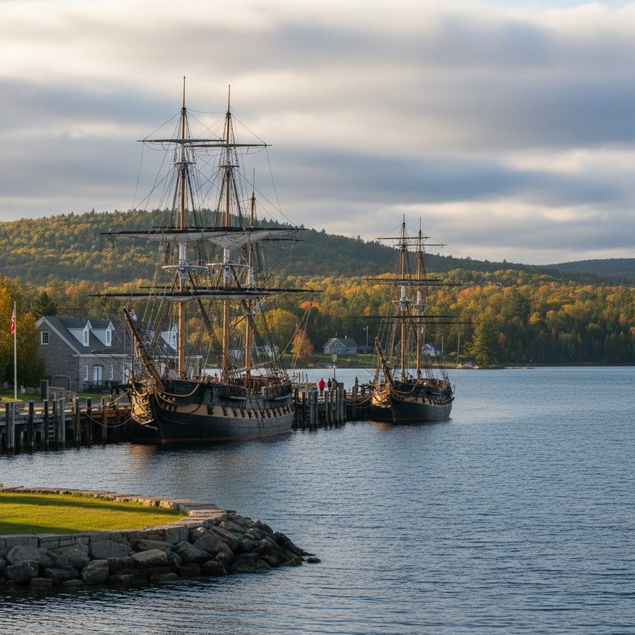 Replica tall ships docked at Discovery Harbour in Penetanguishene