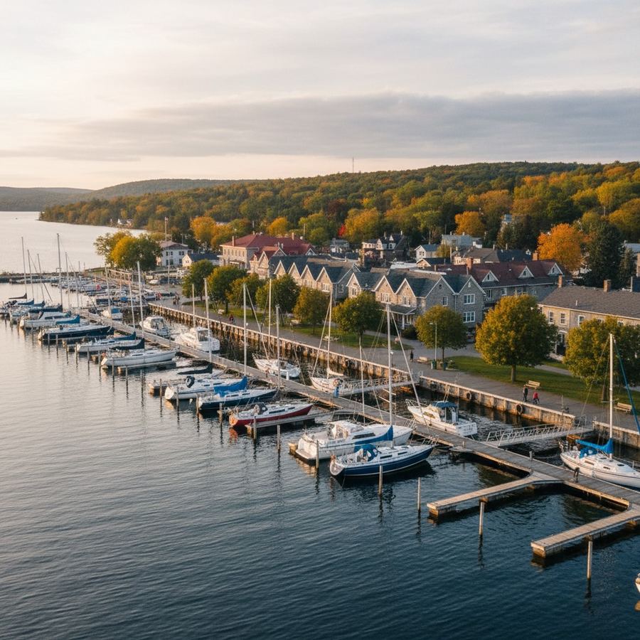 Penetanguishene harbour with boats moored along the waterfront
