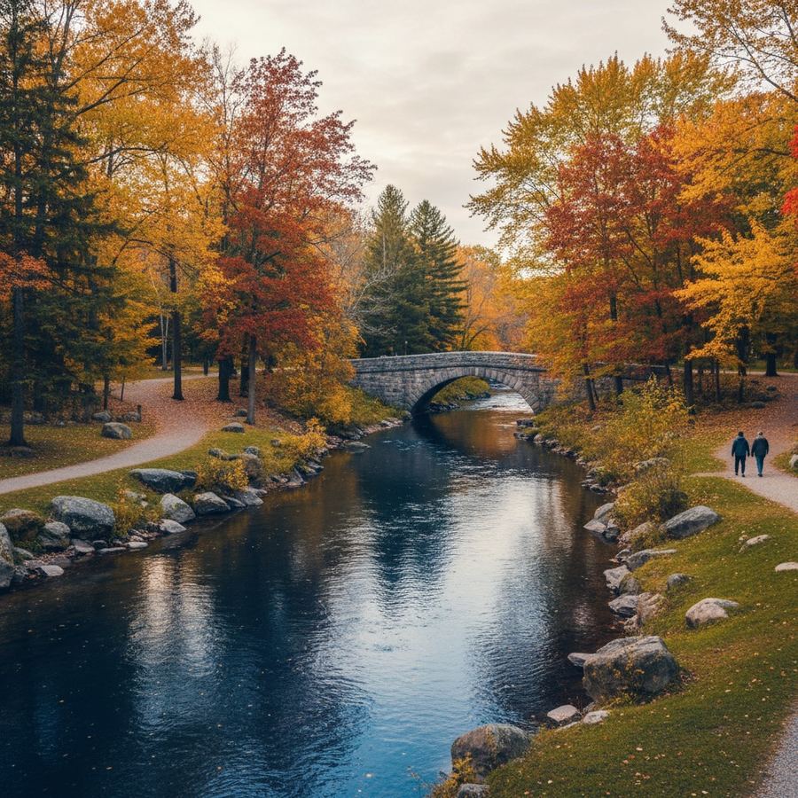 The Tay River flowing through Stewart Park in Perth with autumn trees along the banks