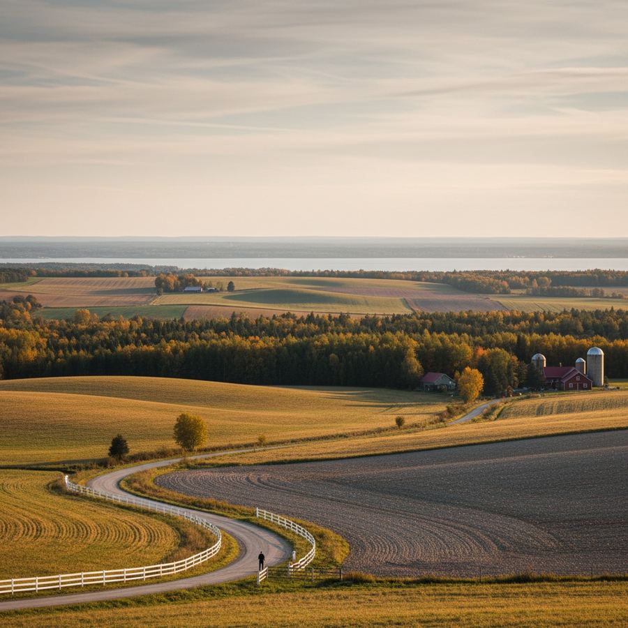 Rural Southern Ontario landscape with rolling farmland and a distant treeline