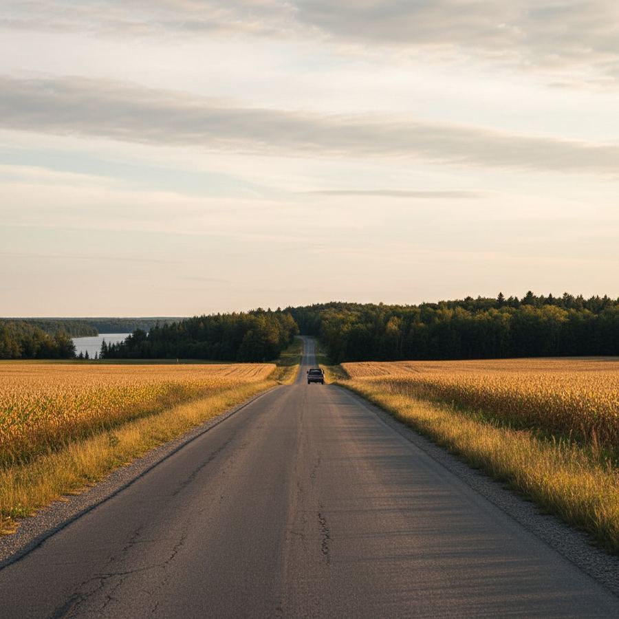 Two-lane rural road in Southern Ontario with farmland on both sides