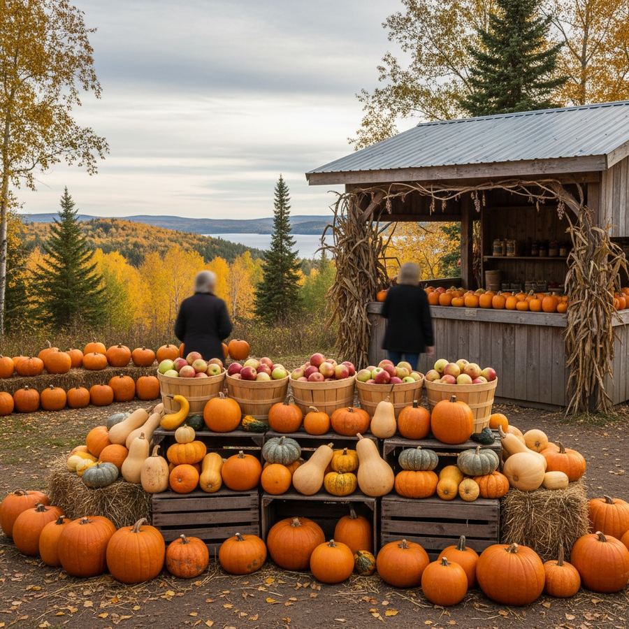 Autumn harvest display with squash and apples at a Southern Ontario farm stand