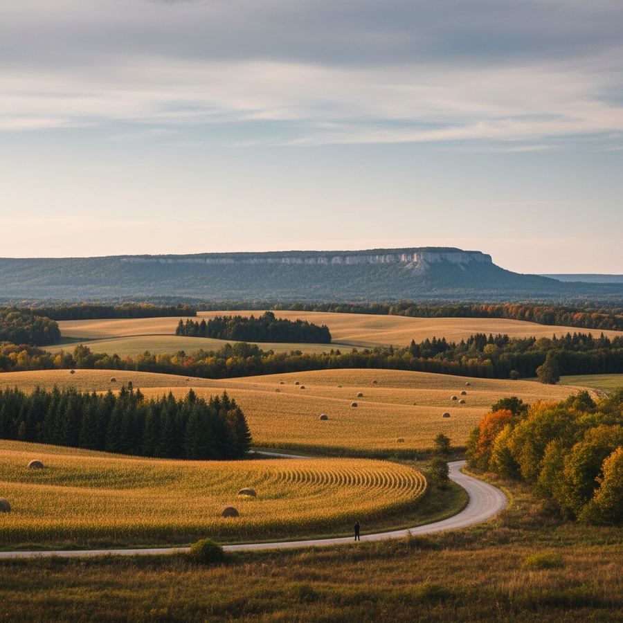 Rolling farmland in Dufferin County near Shelburne with the Niagara Escarpment in the distance