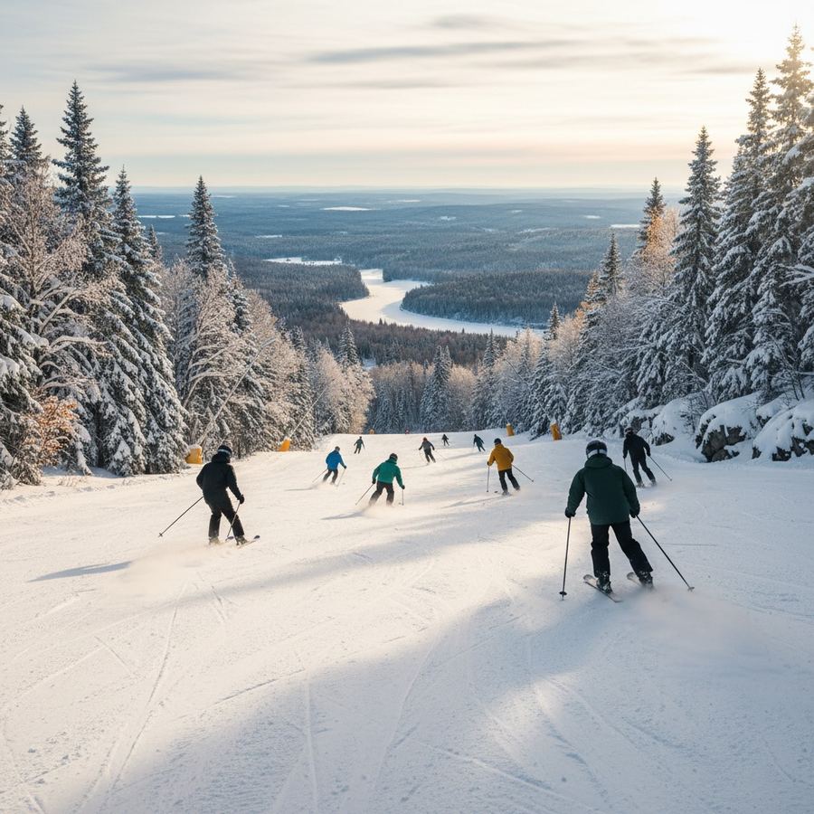 Skiers on a groomed run at a Southern Ontario ski resort with snow-covered trees