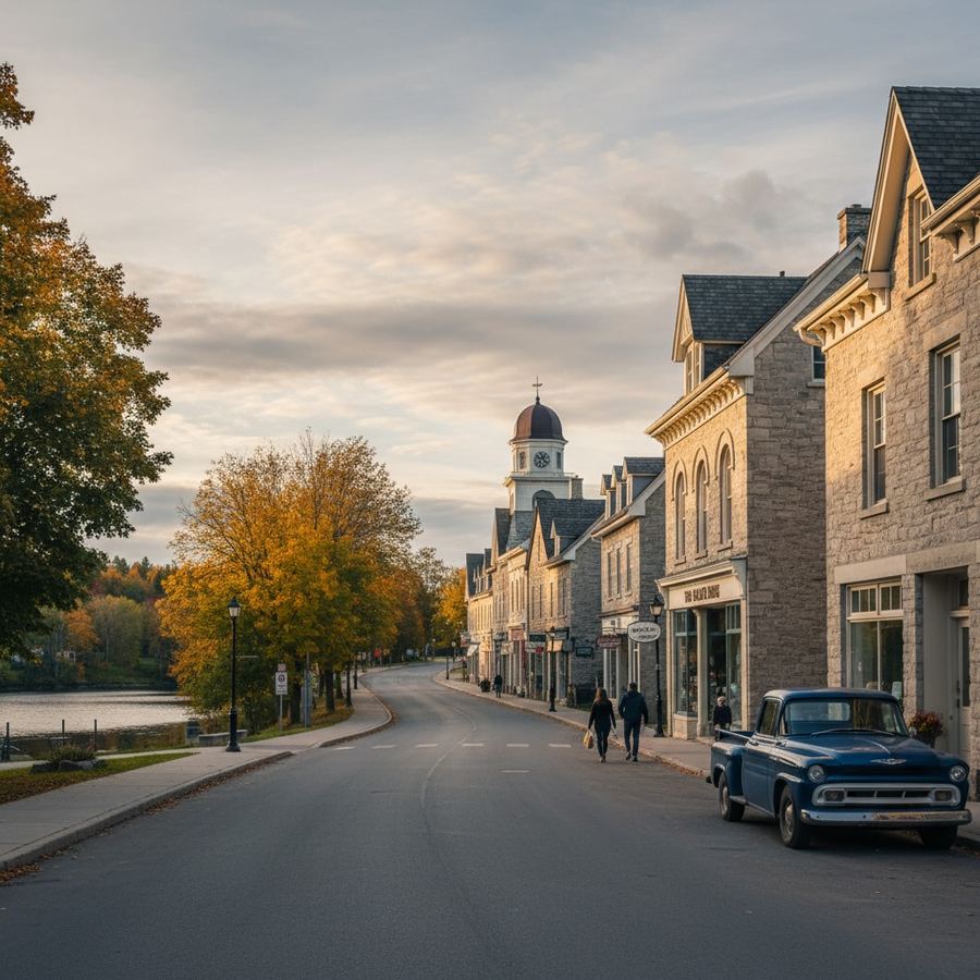 Heritage limestone buildings along a small-town main street in Ontario