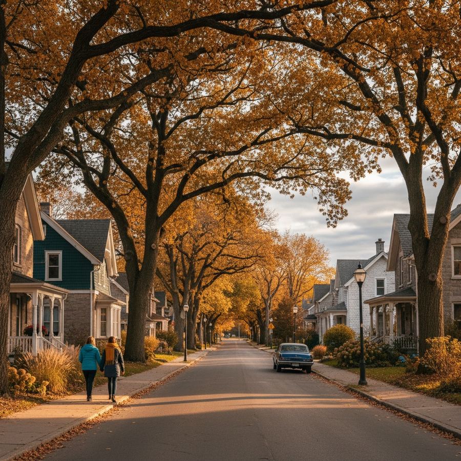 Residential street in a small Southern Ontario town with mature trees and older homes