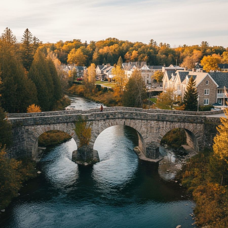 Stone bridge over a river in a small Ontario heritage town