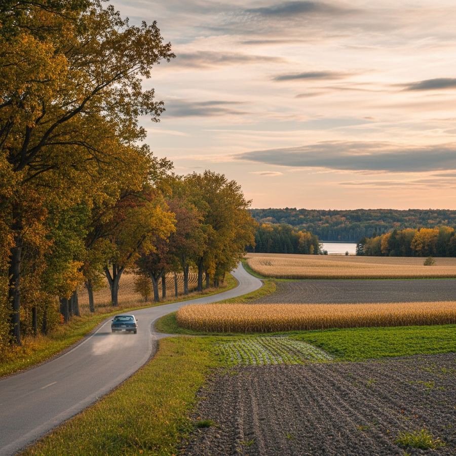 Rolling farmland and tree-lined road in southern Ontario