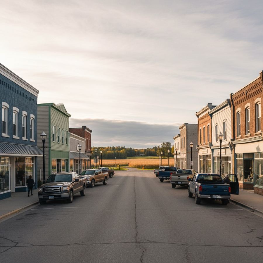 Quiet agricultural main street in Stayner with storefronts and pickup trucks
