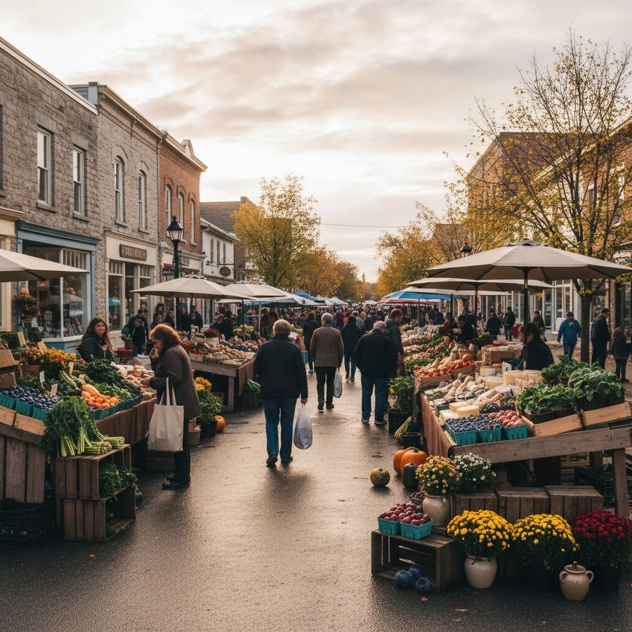 Outdoor farmers market with produce stalls on a small town main street