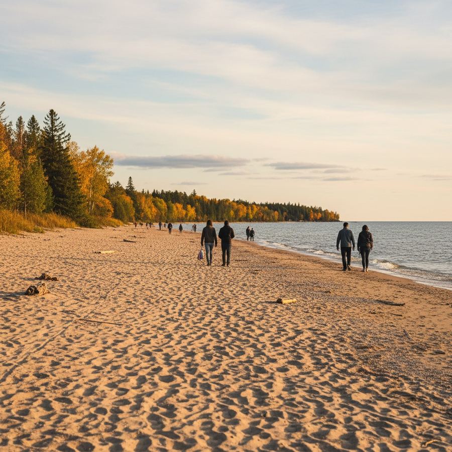 Wide sandy beach at Wasaga Beach with Nottawasaga Bay in the background