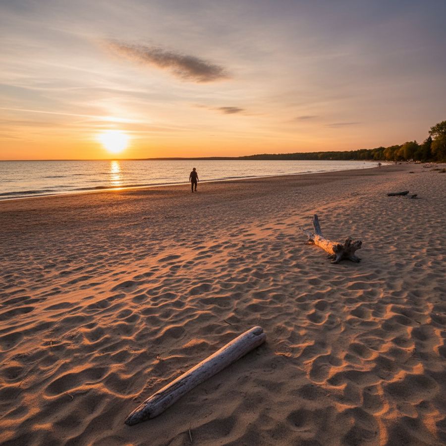 Sunset over Wasaga Beach on Georgian Bay with warm light on the sand