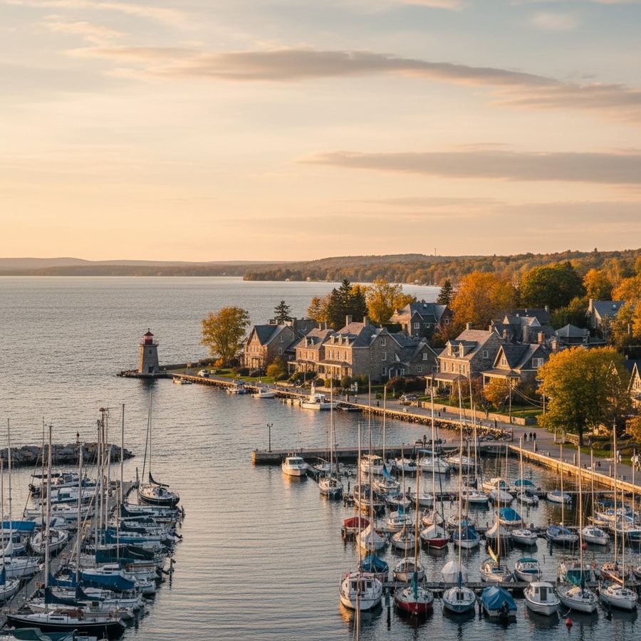 Waterfront view of a Southern Ontario town with boats in a harbour