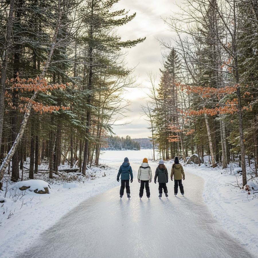 Family skating on a forest trail in winter at an Ontario provincial park